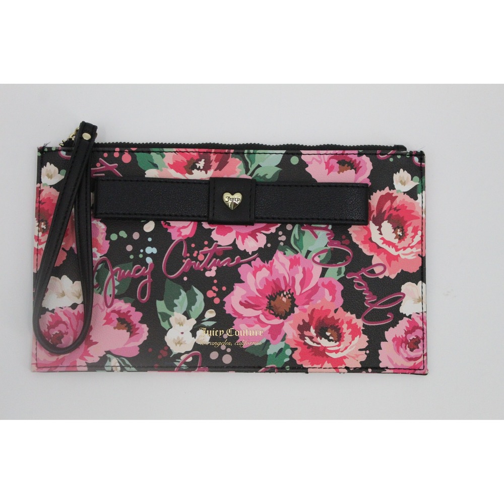 Juicy Couture Floral Wristlet Clutch Black Pink Bow Heart Charm Card Slots NWOT